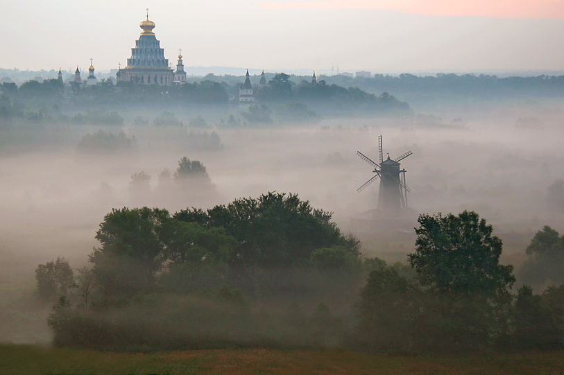 island temple. | windmill, cathedral, fog, panorama