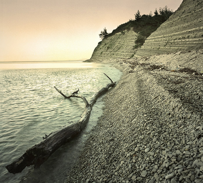 at dawn | sky, shore, sea, black and white