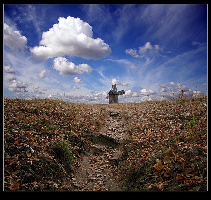 Despite all winds | clouds, windmill, pathway, autumn, leaves