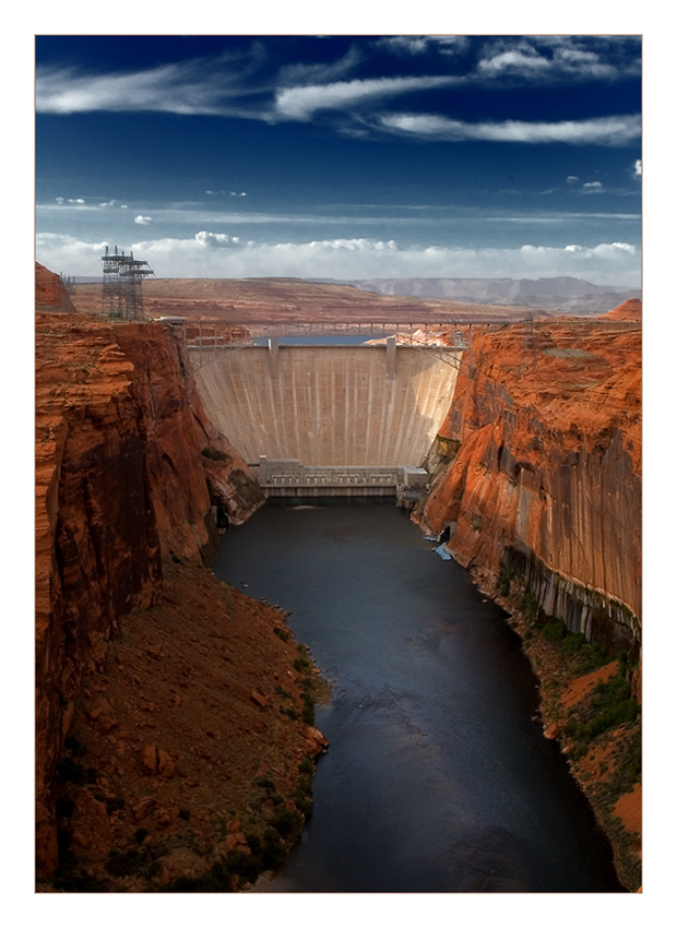 Glenn Canyon Dam/Bridge - evening time | clouds, dam, canyon, river, panorama