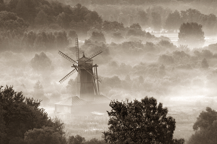 fog, fog, gray-haired veil... | fog, windmill, panorama, forest, sepia