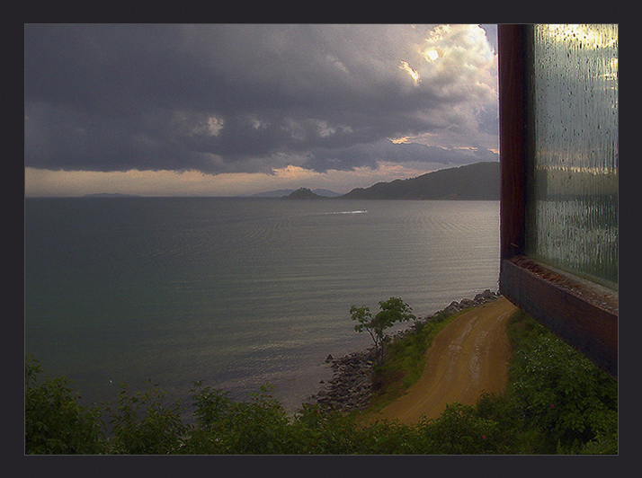 window | mist, shore, sea, clouds, rain