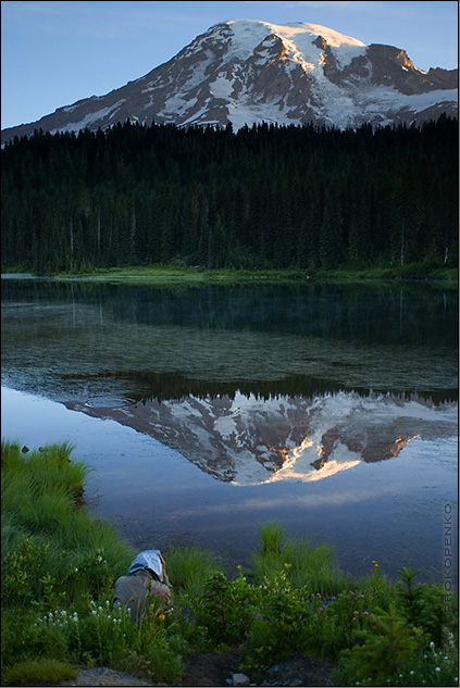 hunting the dawn | lake, reflection, mountains, forest, people