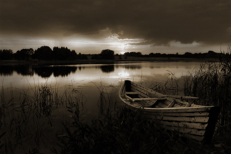 leaving summer | boat, lake, rush, reflection, sepia