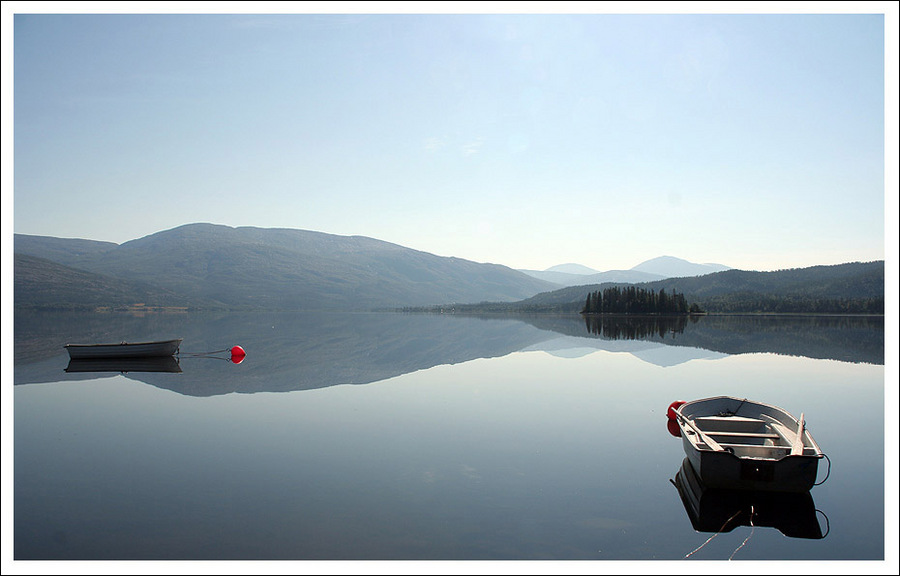 harmony | lake, mountains, boat, reflection, mist