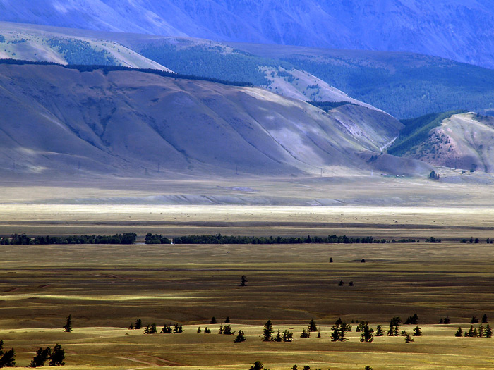 Altai, Kuraj steppe  | mist, snow, panorama, steppe, mountains