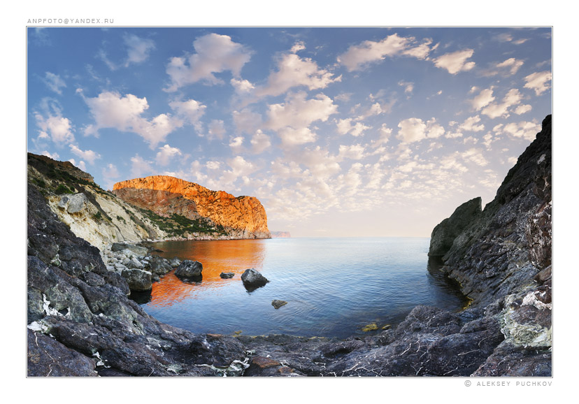 sea landscape | mountains, bay, sea, clouds, rock