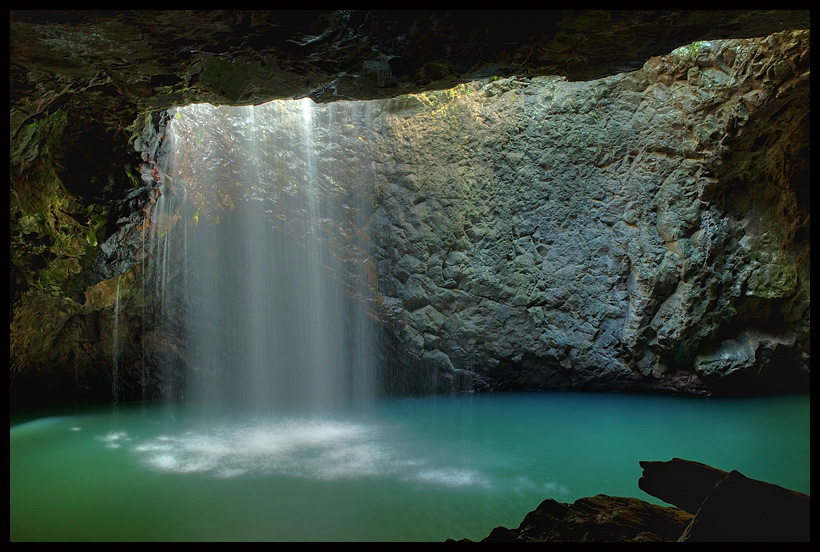 natural bridge | cave, lake, light, beams