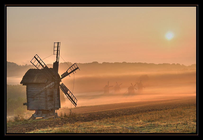 foggy morning in pirogovo | fog, windmill, field, morning, sun