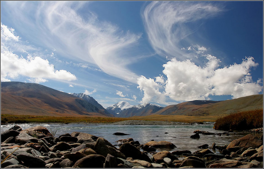 ... about the mountain rivers reflected in the sky | mountains, river, glacier, sky, clouds