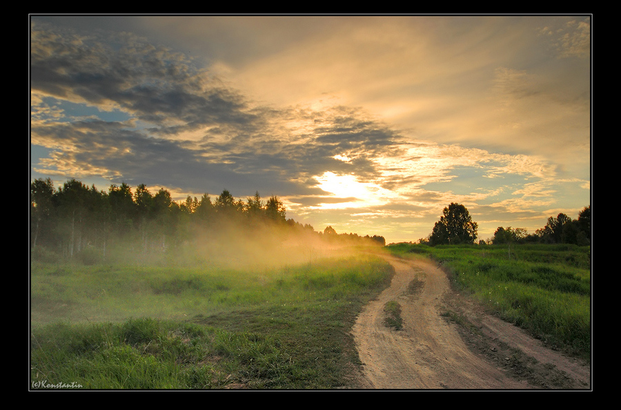 handbells | field, forest, sun, fog, road