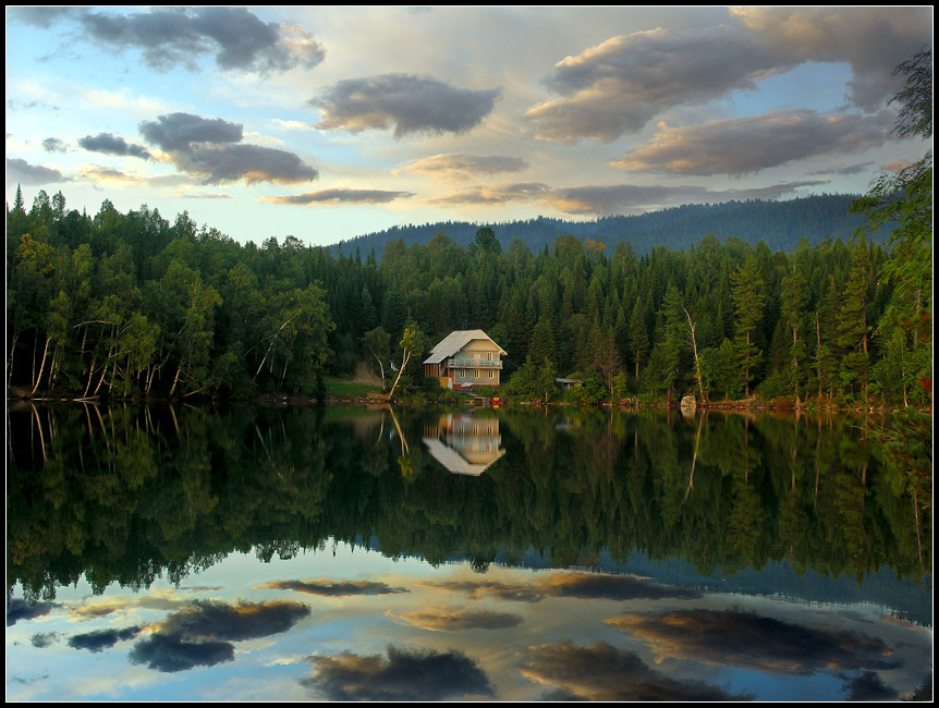 at the lake | reflection, house, lake, forest, sky