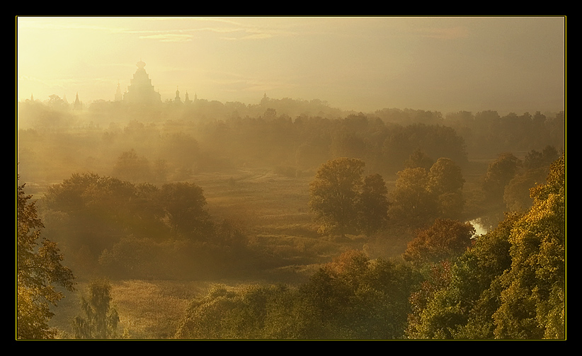 Dawn at new Jerusalem | dawn, cathedral, panorama, forest, fog