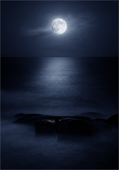 spanish moon | moon, sea, rocks, night, waves