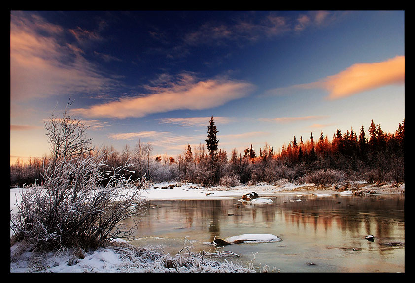 soon the polar night comes... | snow, river, pine, sky, forest