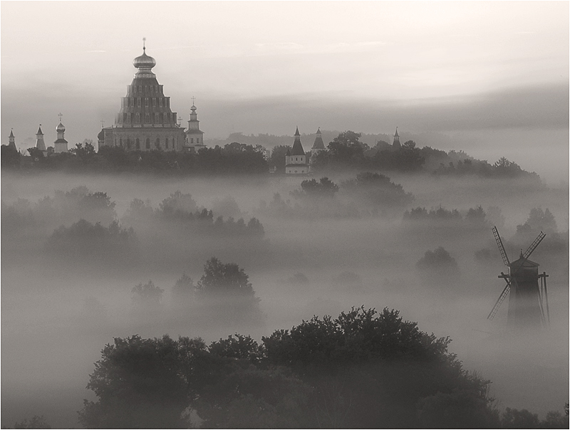 foggy relic | black and white, fog, cathedral, panorama, windmill