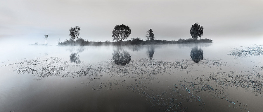 silence....  | black and white, island, river, fog