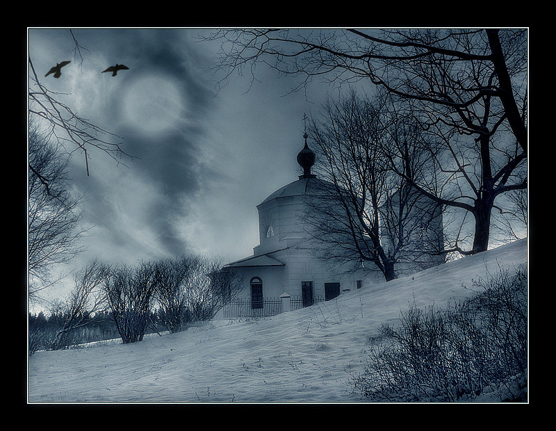 night before christmas | duotone, church, snow, moon, animals