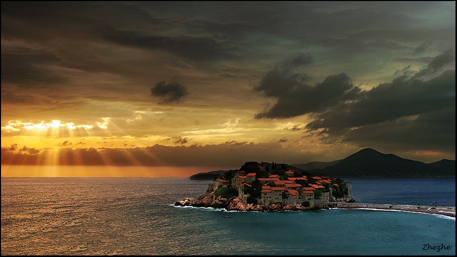 farewell beams to saint Stephen | panorama, sea, island, town, sun