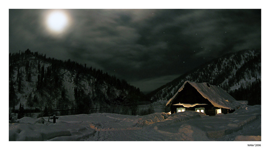 visiting a fairy tale | moon, mountains, house, snow, night 