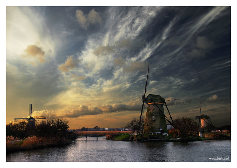 one evening and three windmills | windmill, river, sky, evening, clouds