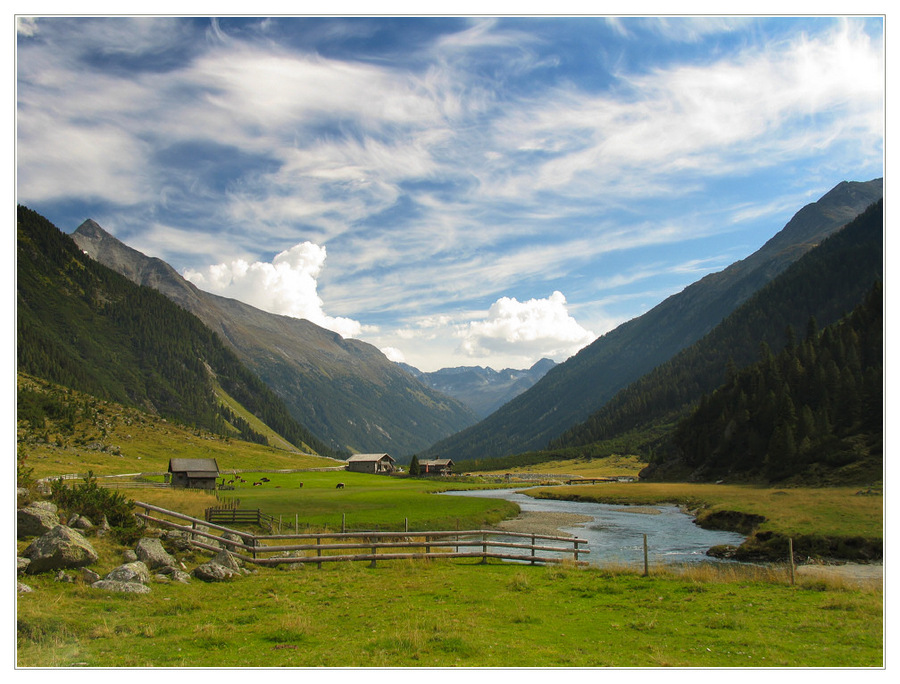 alpine peace | sky, house, bridge, river, mountains