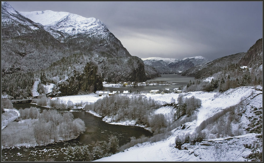 winter twilight | village, fjord, river, snow, mountains