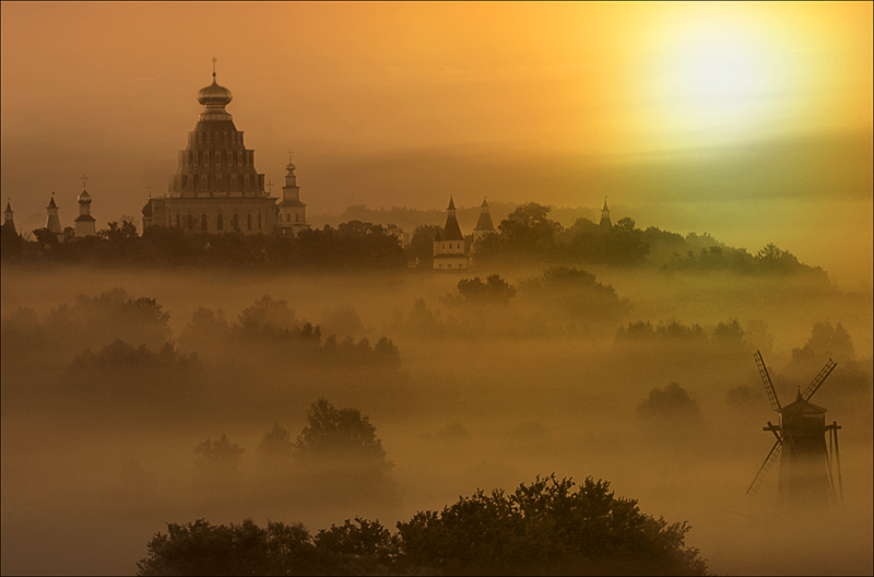 dawn at heavenly temple | sun, fog, windmill, dawn, cathedral