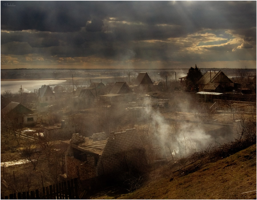 Apple smoke | clouds, panorama, lake, village, smoke