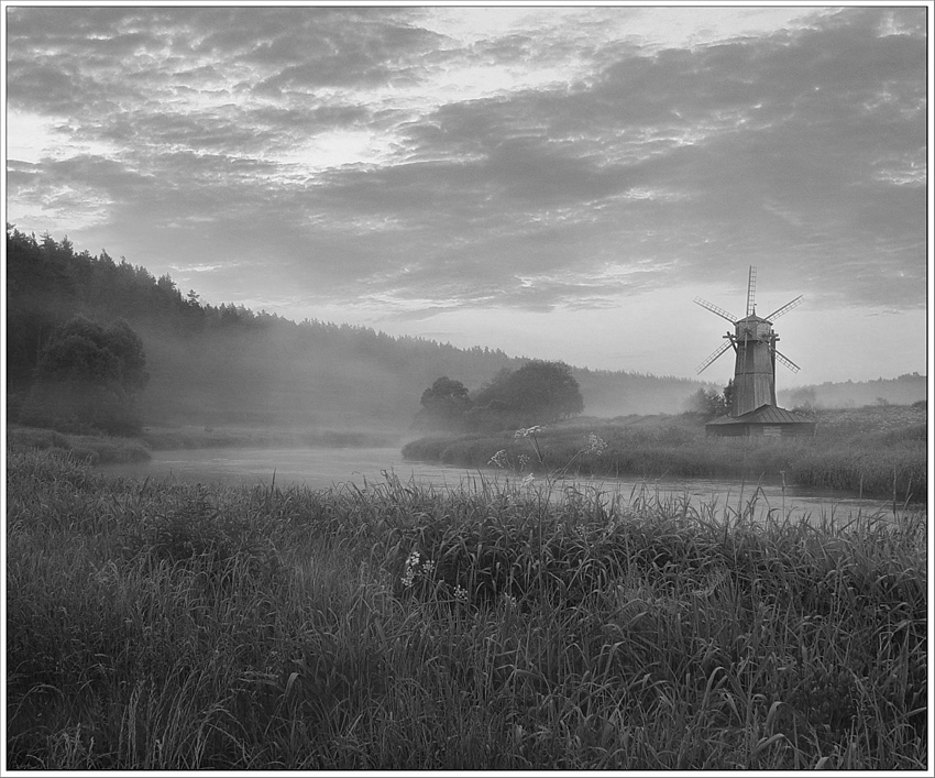 pacifying | windmill, black and white, rush, river, fog