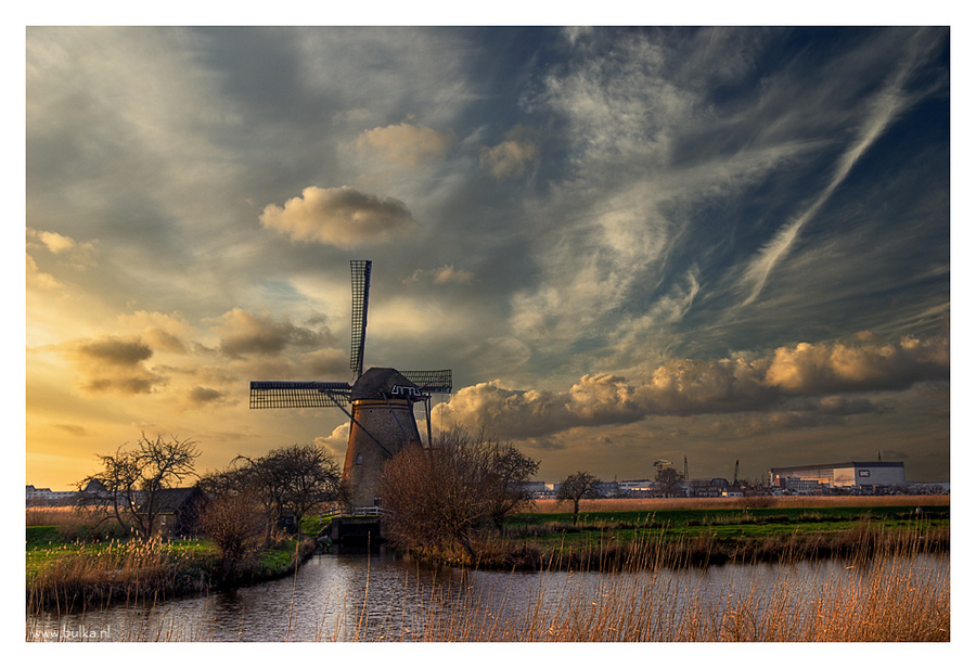 sky that unites centuries | clouds, rush, river, sky, windmill