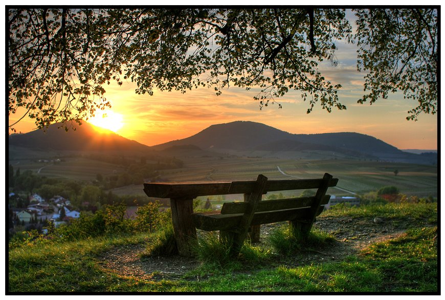 when evening comes 2  | dusk, grass, panorama, hills, bench