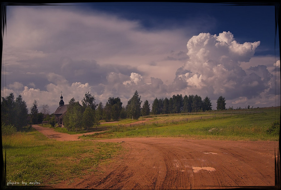 the 100-th | field, clouds, church, road