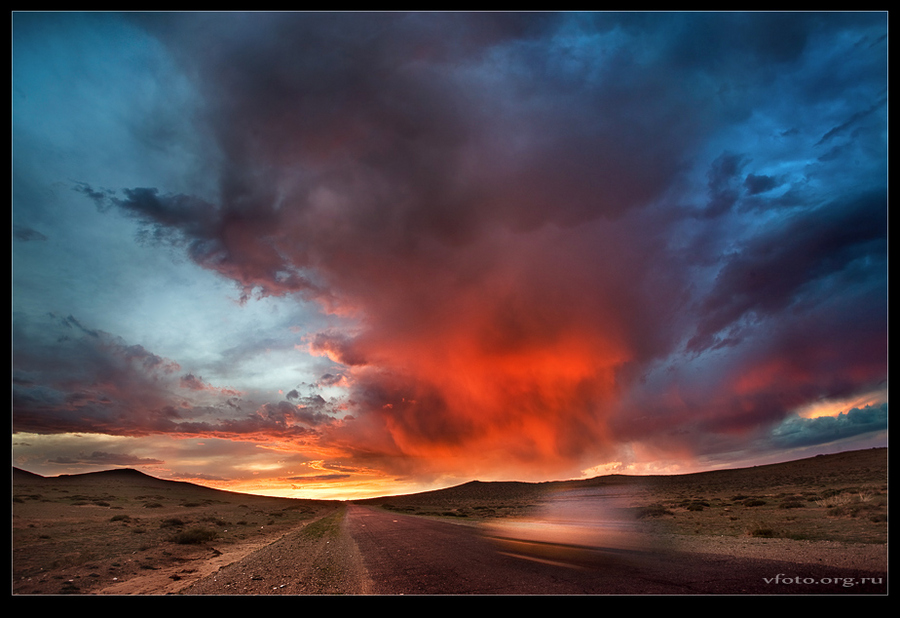 on the road to flaming sunset | dusk, road, field, clouds