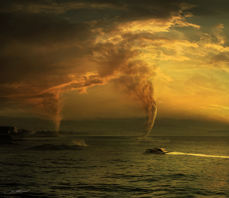 Dangerous weather | tornado, shore, storm, ship, dusk, sea