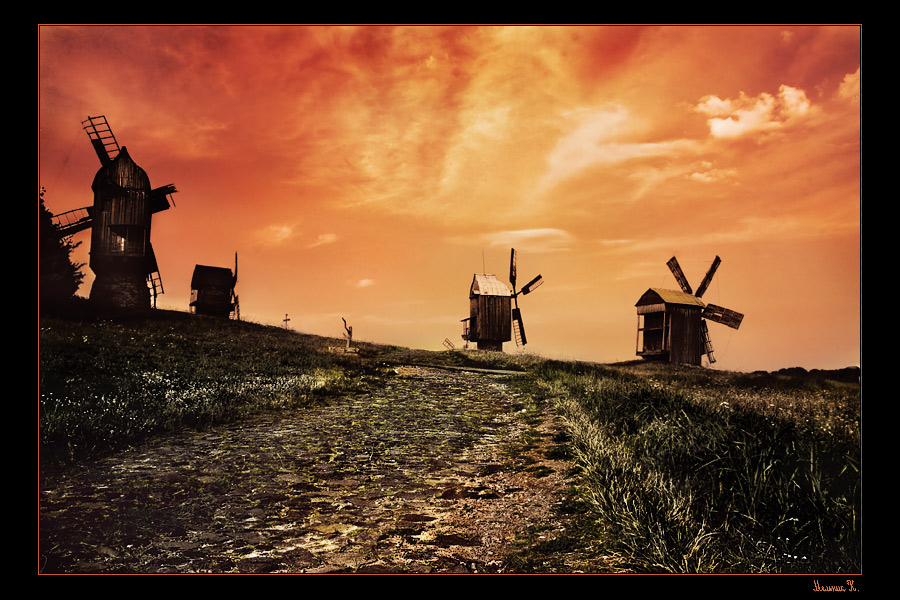 Don Quihote valley | grass, road, windmill, dusk