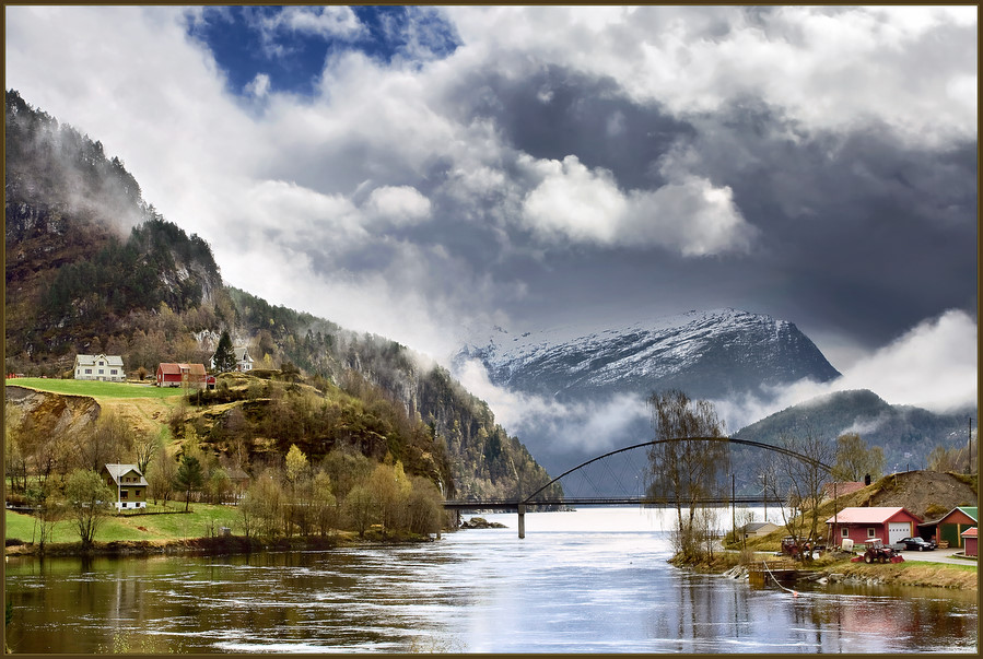 rural landscape | bridge, forest, mountains, fjord, clouds