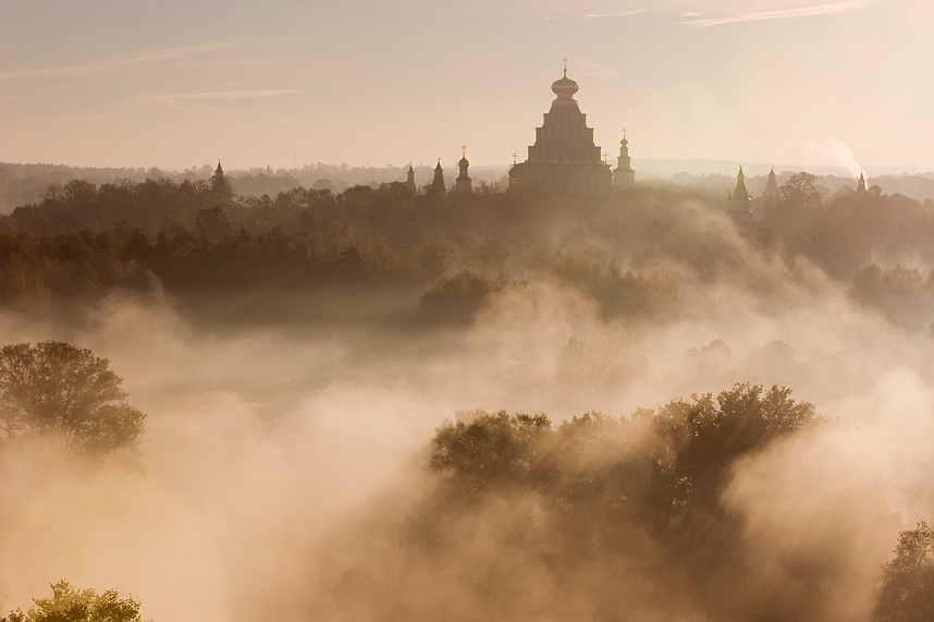 heavenly city - new jerusalem | light, fog, forest, panorama, cathedral