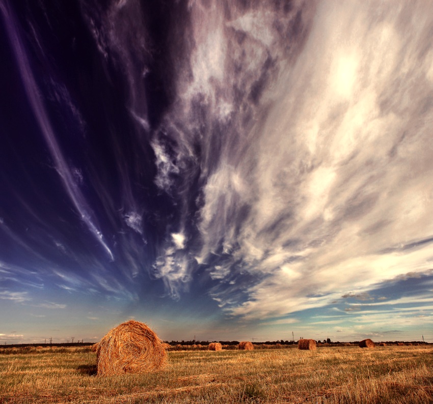 space stacks | haystack, hay, autumn, field, clouds