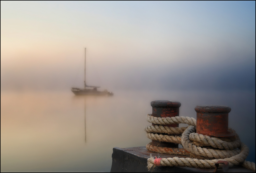 Sailing away | sea, boat, dock, fog
