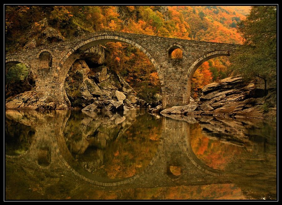 devils bridge | bridge, autumn, river, rocks, forest