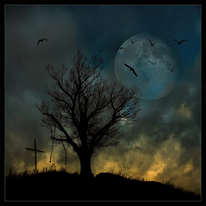 In Hell (special thanks for Krzysztof Sebastian) | birds, tree, silhouette, clouds, moon