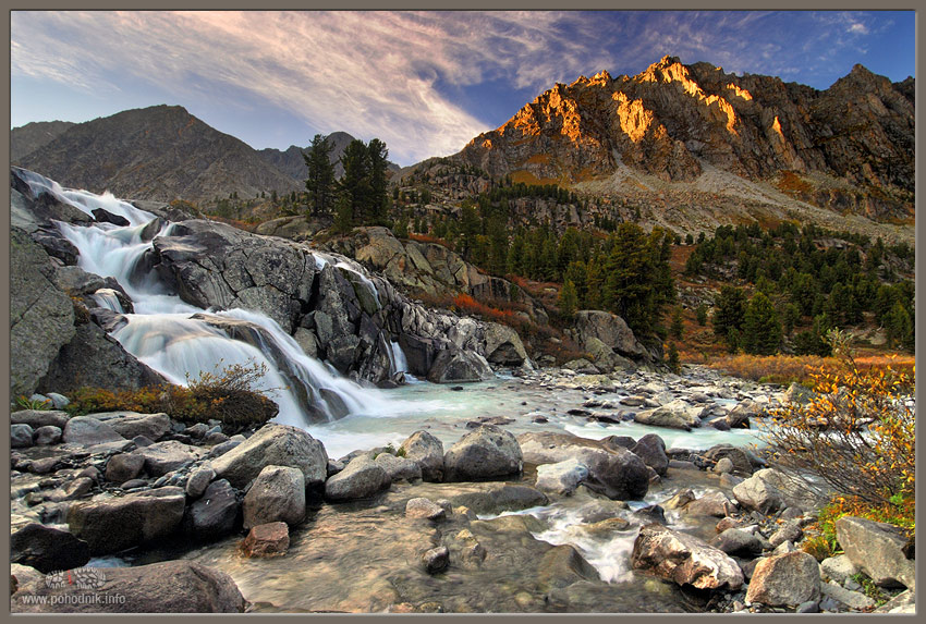 Darashkol Falls at Sunset | mountains, bright, waterfall, rocks