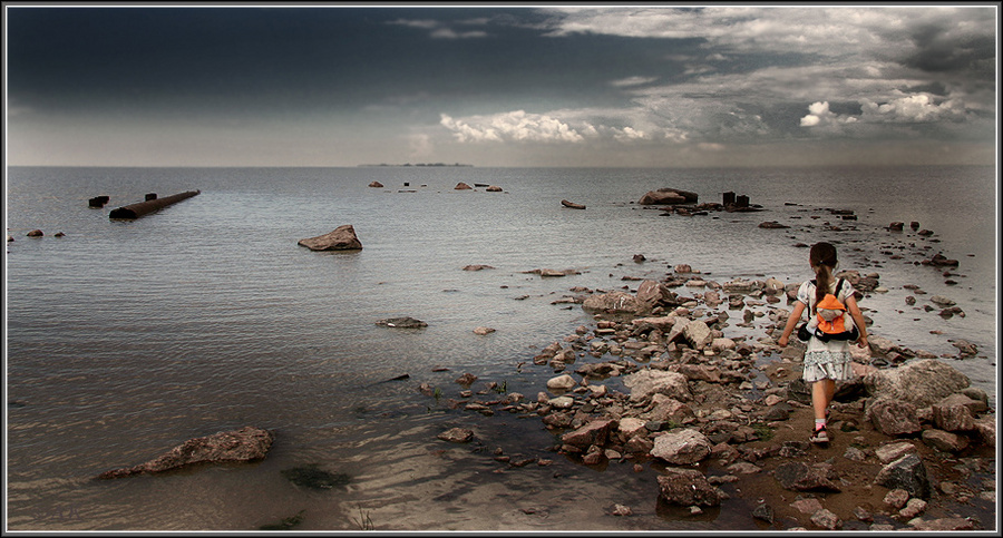 Up to the sea-line | gloomy, skyline, sea, rocks, child