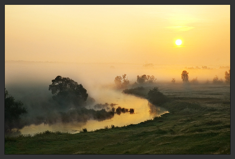 Curtain of Silence | sunrise, field, fog, river, morning