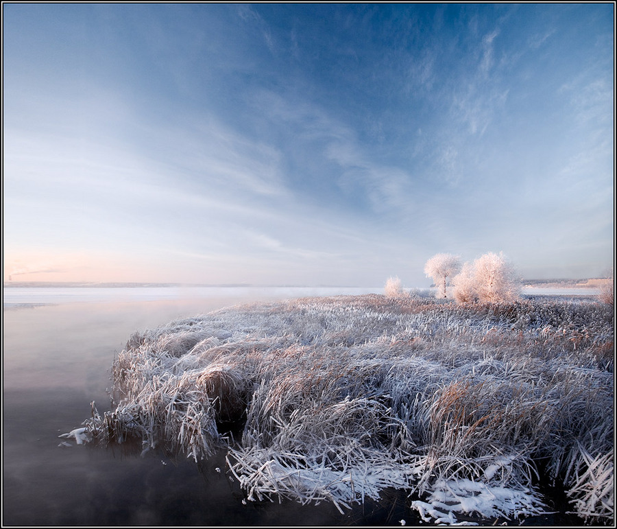 Bewitched place | snow, bulrush, winter, sky, water