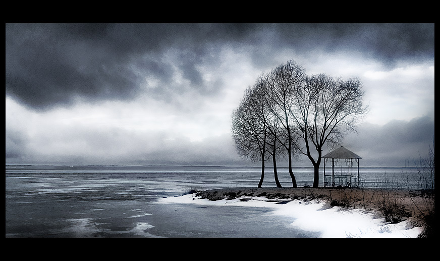 Brooding skies | arbor, ice, lake, trees, dark sky