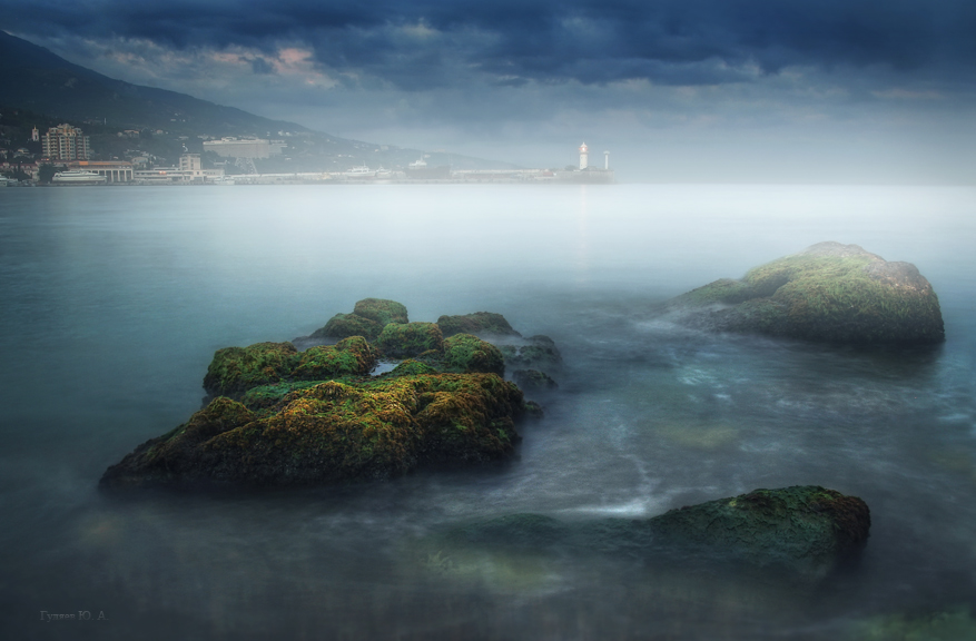 Yalta. cold whisper of the sea.. | clouds, shoreline, fog, rocks, sea