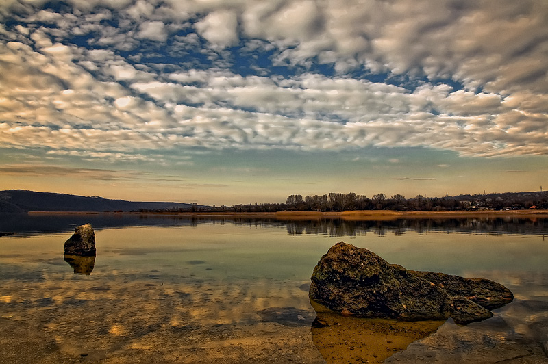 two stones | calm, shore, rocks, sand, river