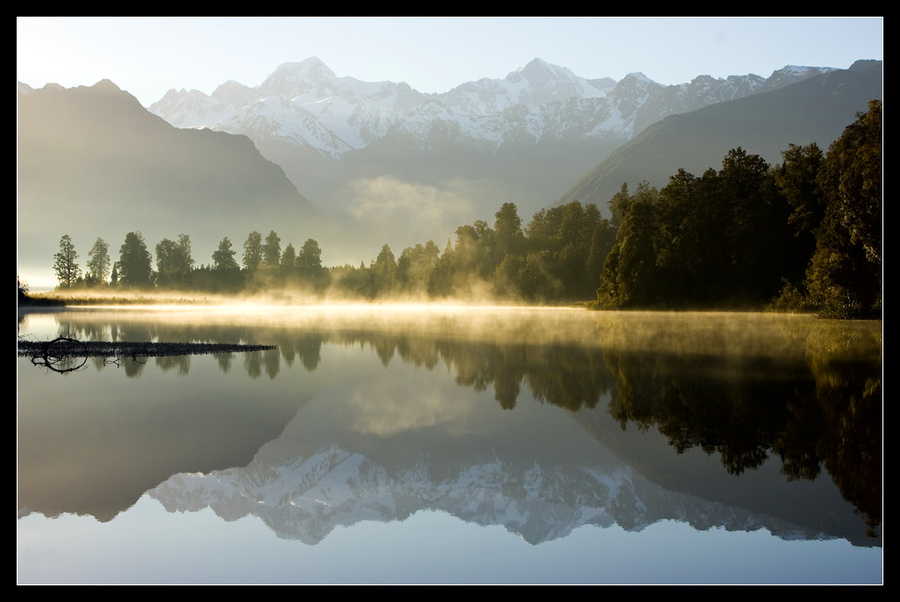 Dawn on a Lake | haze, lake, mountains, dawn, reflections